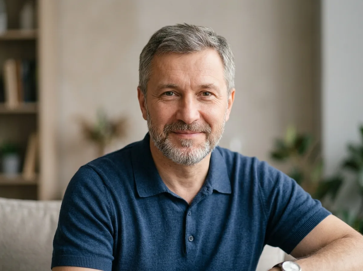 Аватар пациента по имени Сергей, мужчина 45-50 лет, нейтральный фон, портрет для отзыва о наркологической помощи
